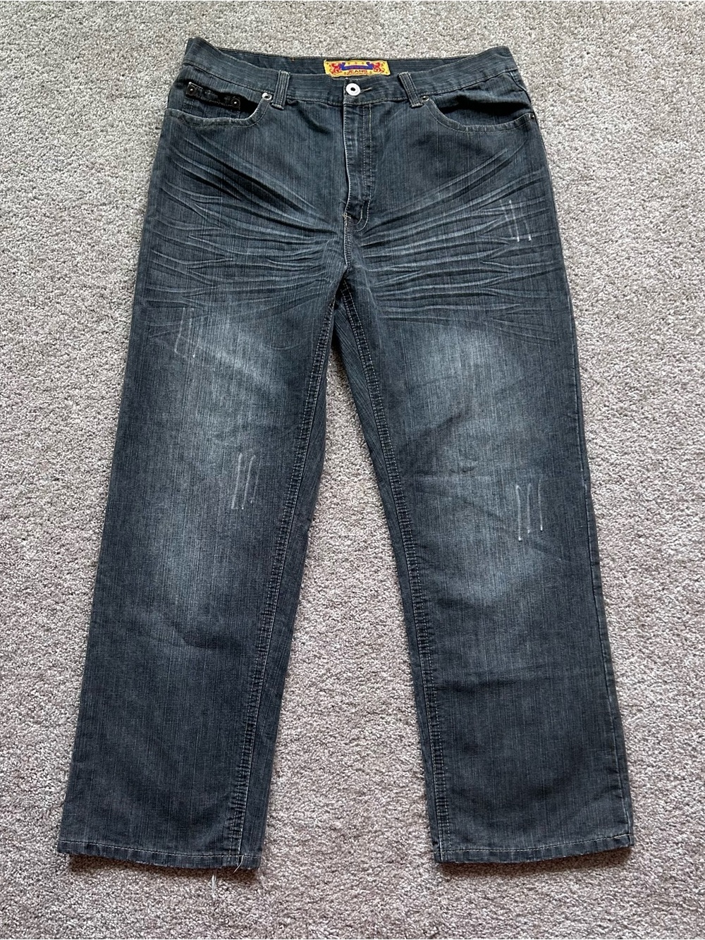 Vtg FUSAI Jeans Y2K Tribal Embroidered Baggy Wide Leg Black Denim Mens 38x30